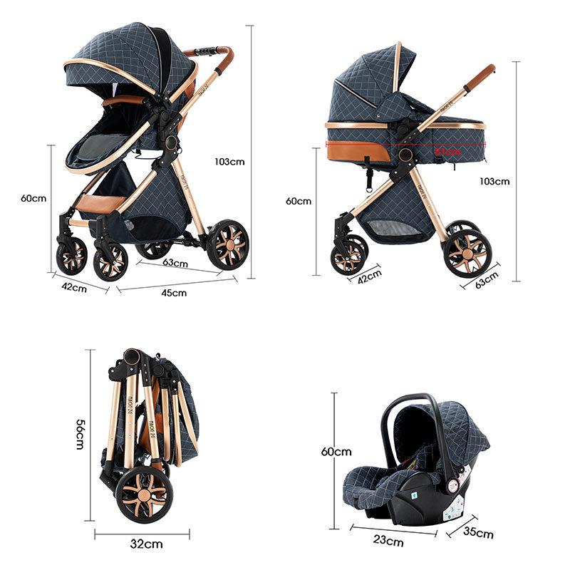 High Landscape Baby Stroller 3 in 1 Travel Luxury Pram  size