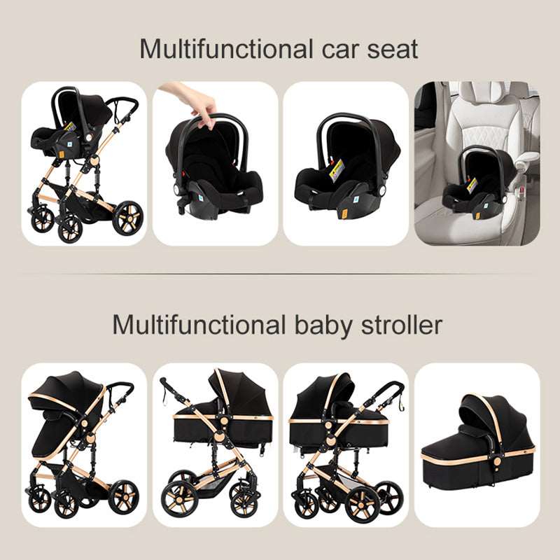 Newborn Baby Bassinet Stroller 3 in 1 High-View Convertible Stroller with Reversible Seat Anti-Shock Pushchair Strollers