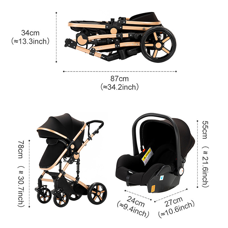 Newborn Baby Bassinet Stroller 3 in 1 High-View Convertible Stroller with Reversible Seat Anti-Shock Pushchair Strollers